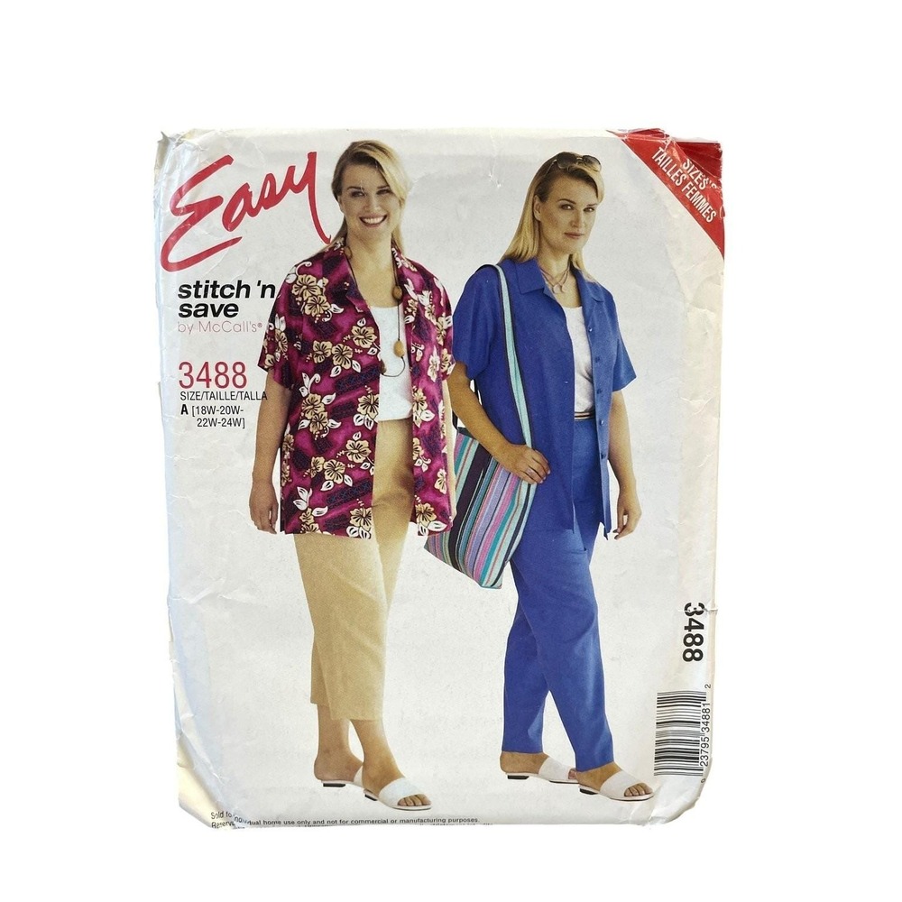 McCall's 3488 Women's Petite Shirt Top Pants 18W-24W Y2K Easy Sewing Uncut
